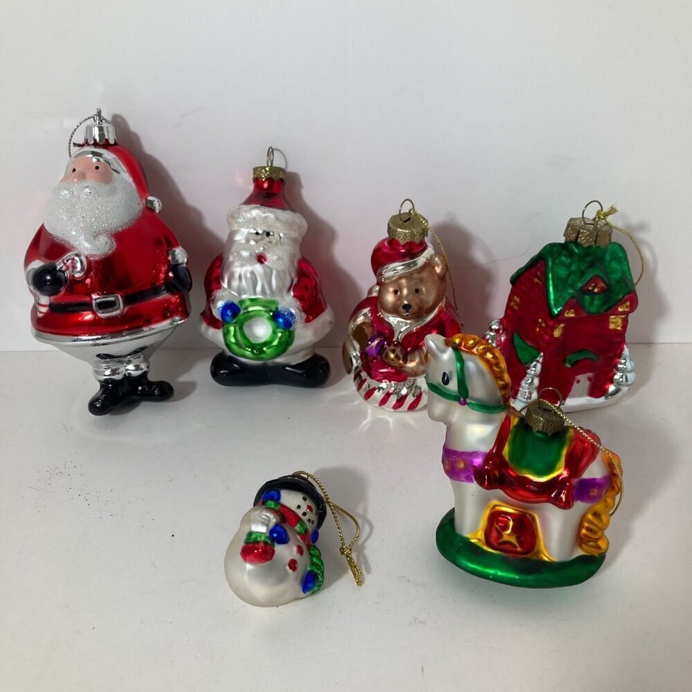 6 Vintage Blown Glass Christmas Ornaments Santa Snowman House‎ Bear Horse 2 - 4"